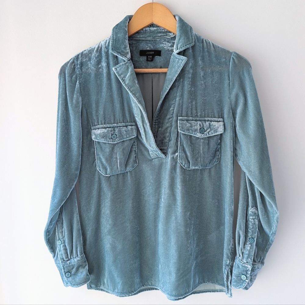 J.Crew Velvet Patch-Pocket Popover Shirt Style BB249 Sage Green